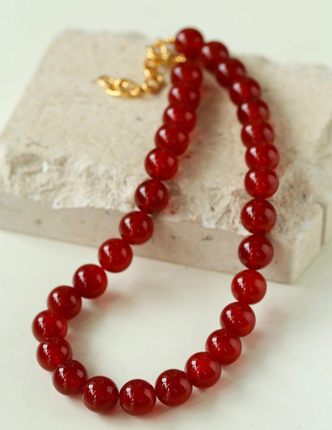 Vintage Red Agate Round Bead Necklace - Gembea Jewelry