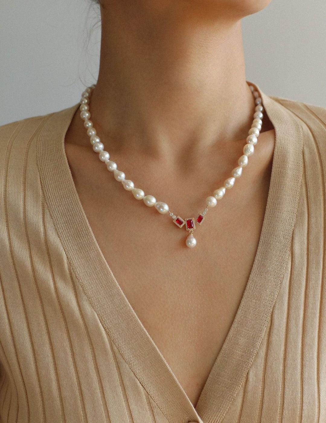 Ruby Zircon Drop Pearl Beaded Necklace - Gembea Jewelry