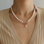 Ruby Zircon Drop Pearl Beaded Necklace