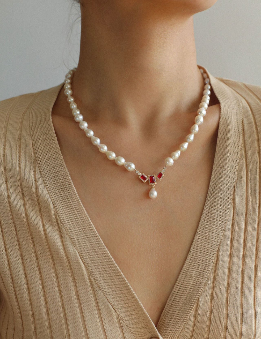 Ruby Zircon Drop Pearl Beaded Necklace