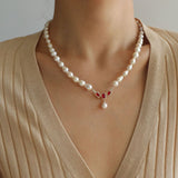 Ruby Zircon Drop Pearl Beaded Necklace