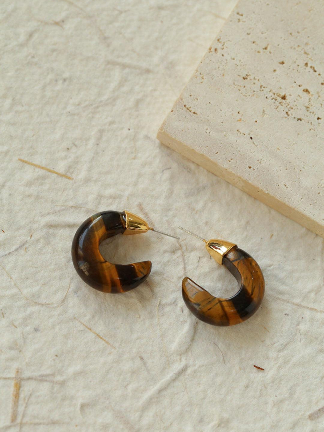 Black Agate Tiger Eye Stone Moon Bud Earrings - Gembea Jewelry