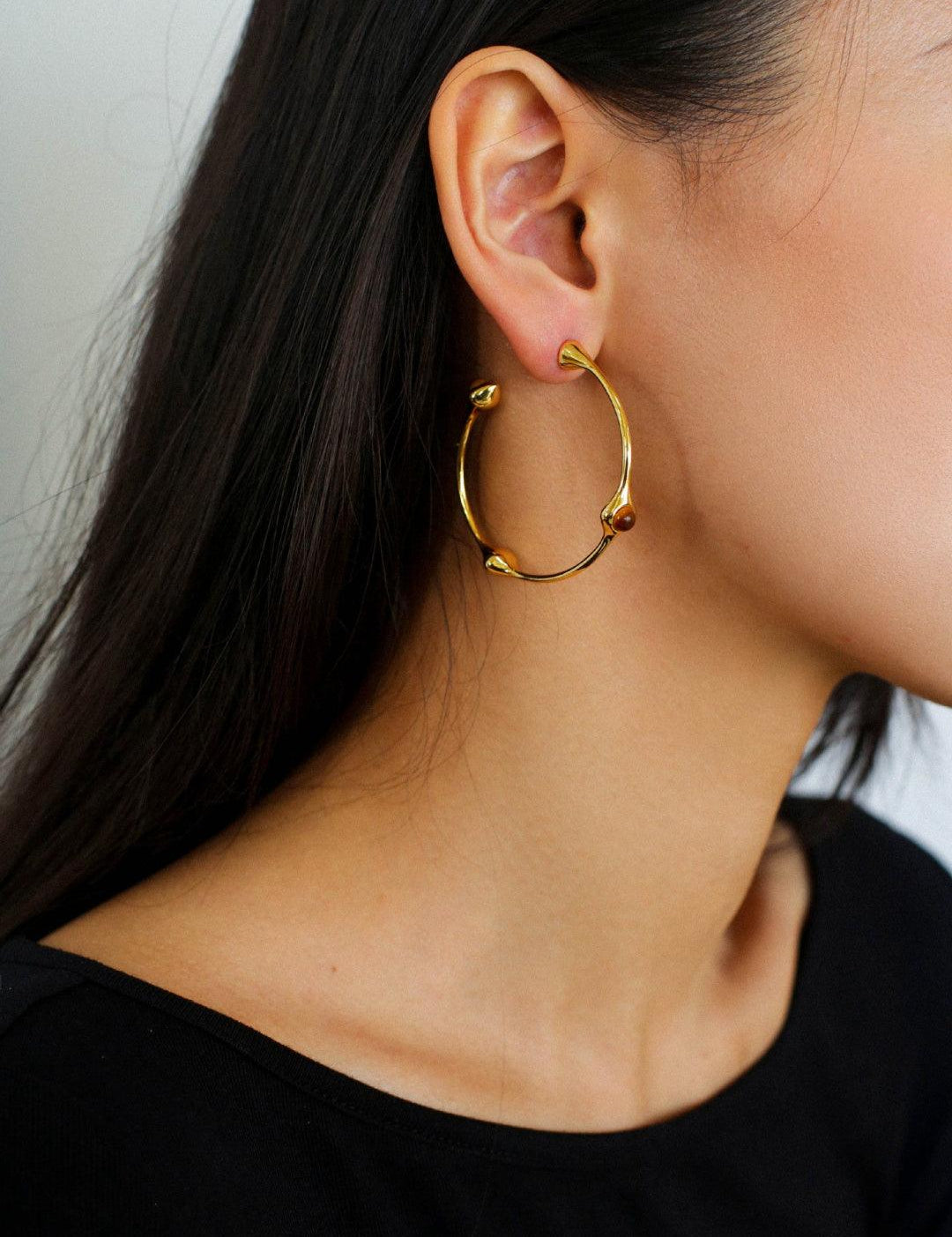 Red Agate Tiger Eye Stone Metal Hoop Earrings - Gembea Jewelry