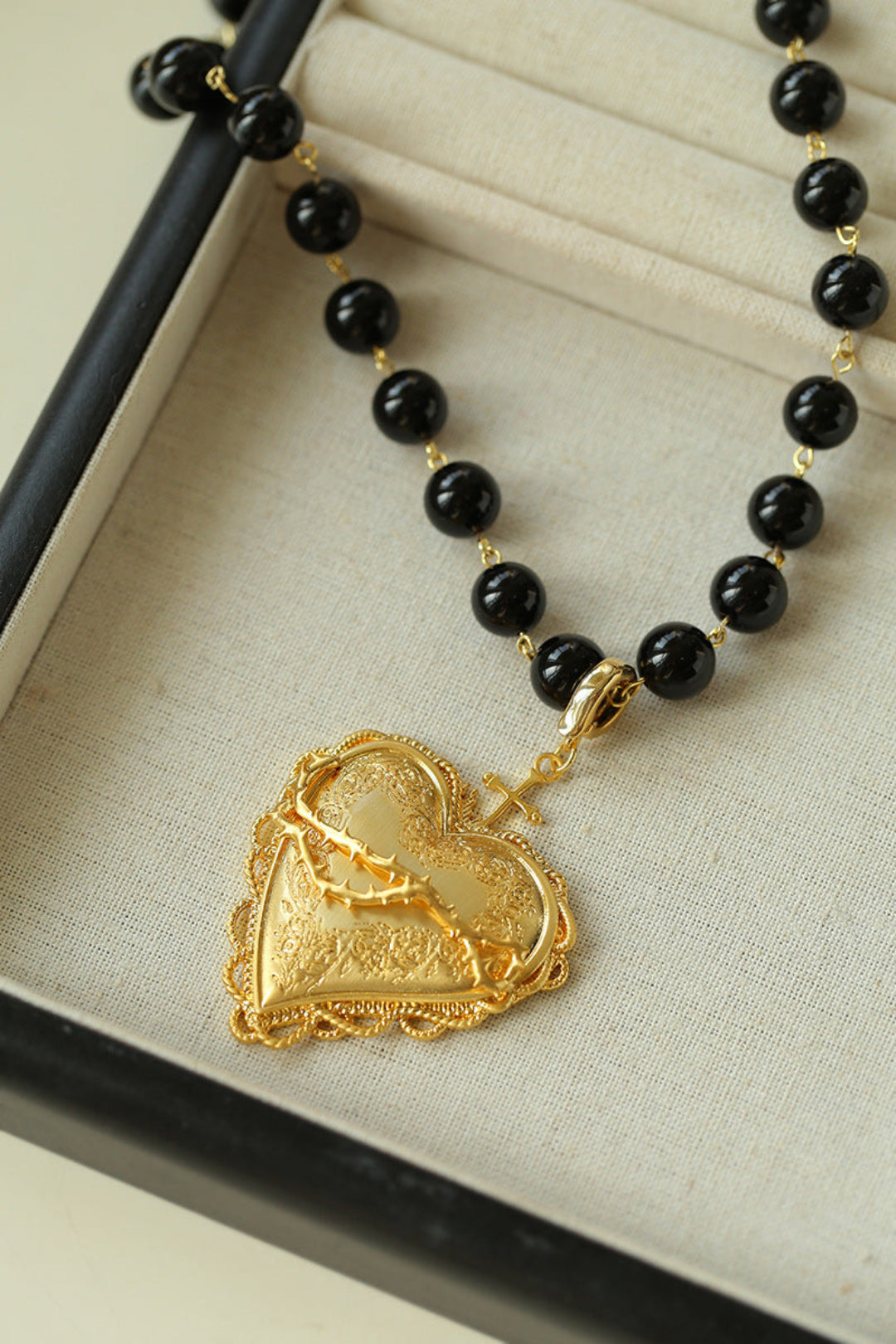 Double Layer Black Agate Large Love Pendant Necklace