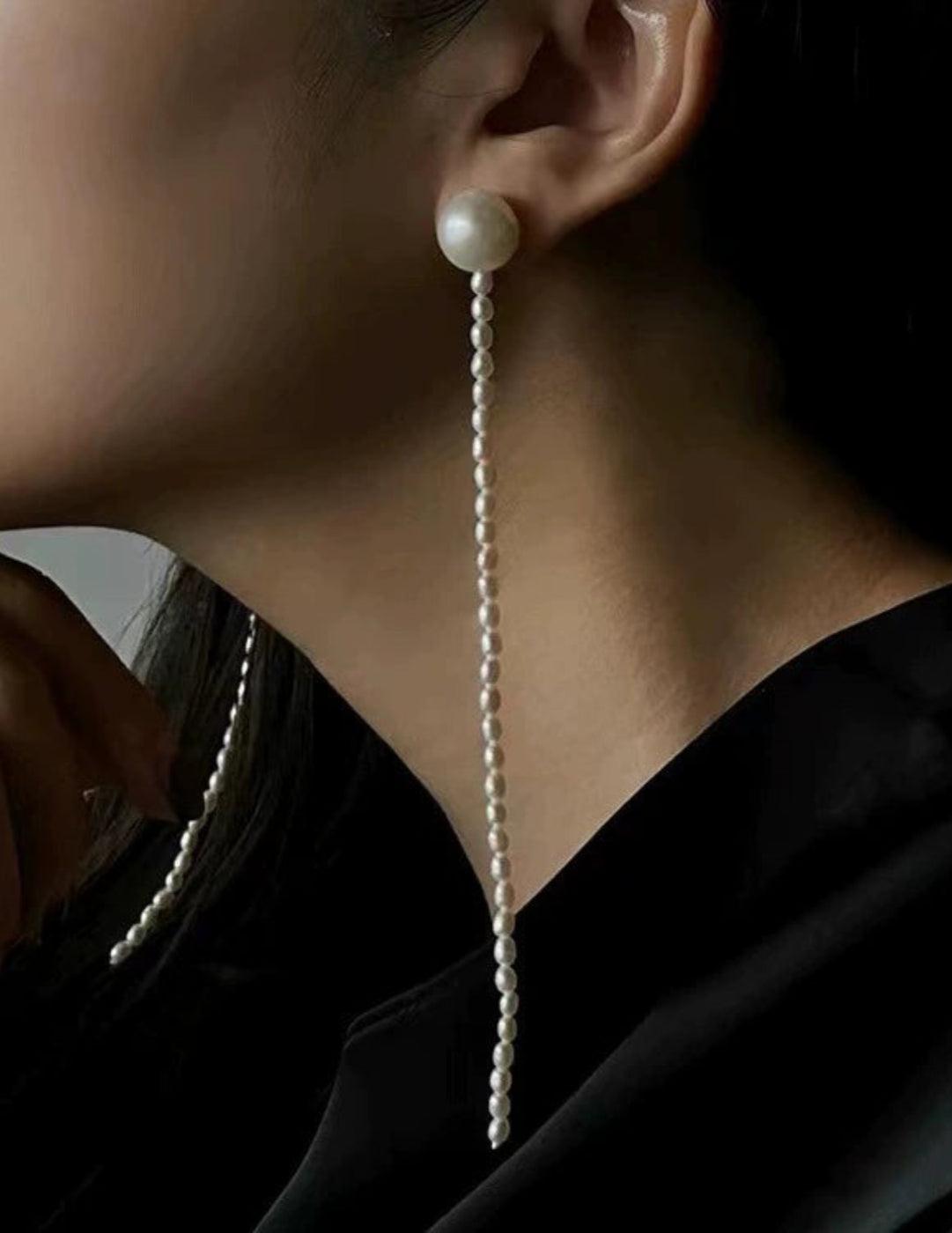 Long Rice Pearl Drop Earrings - Gembea Jewelry