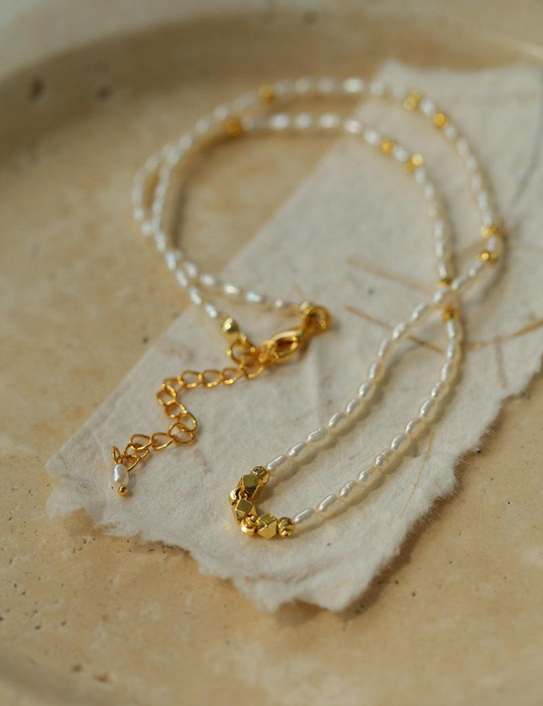 Small Golden Ball Rice Pearl Necklace - Gembea Jewelry