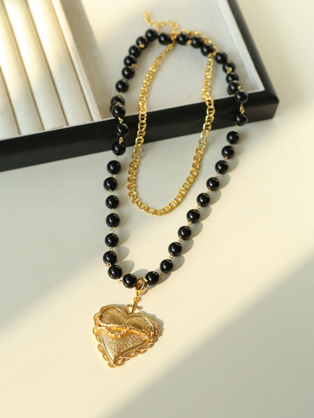 Double Layer Black Agate Large Love Pendant Necklace