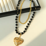 Double Layer Black Agate Large Love Pendant Necklace