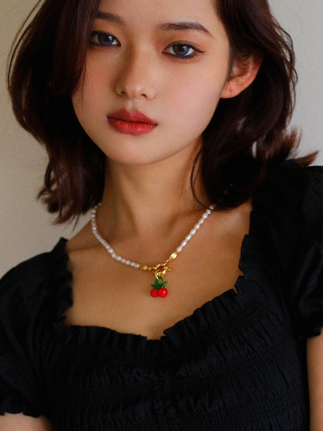 Glazed Cherry Pendant Pearl Necklace