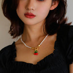 Glazed Cherry Pendant Pearl Necklace