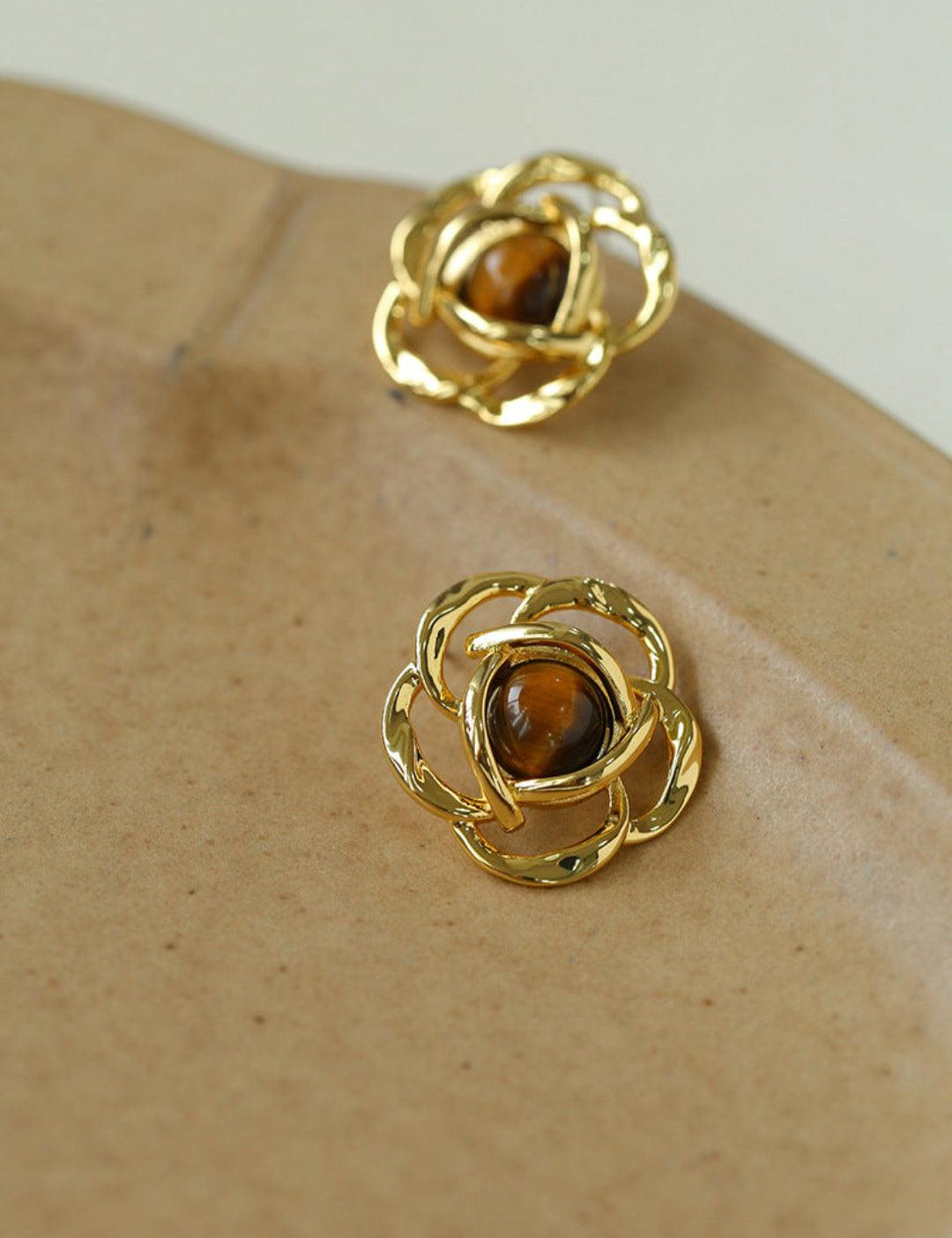 Tiger Eye Gemstone Camellia Earrings - Gembea Jewelry