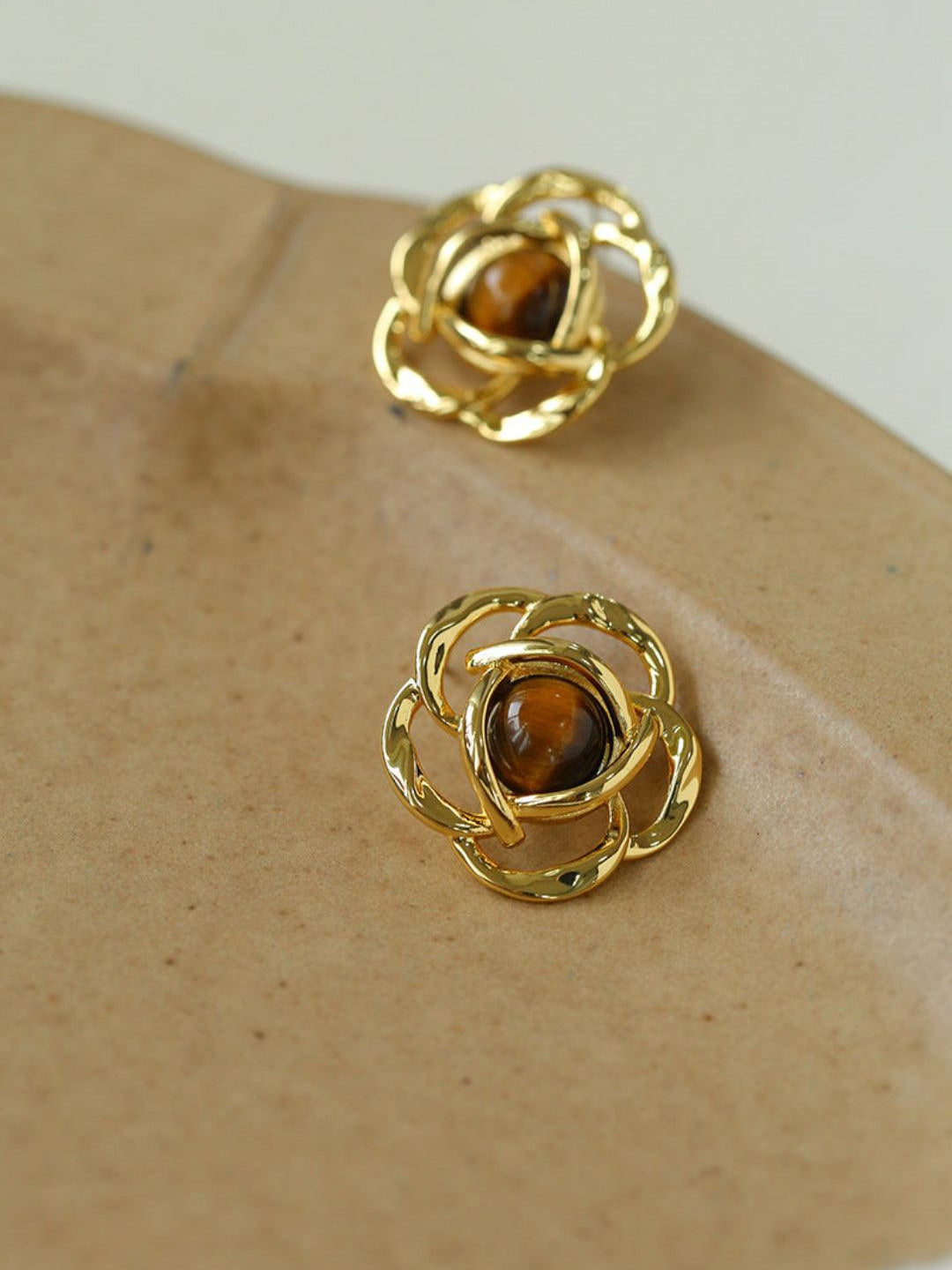 Tiger Eye Gemstone Camellia Earrings - Gembea Jewelry