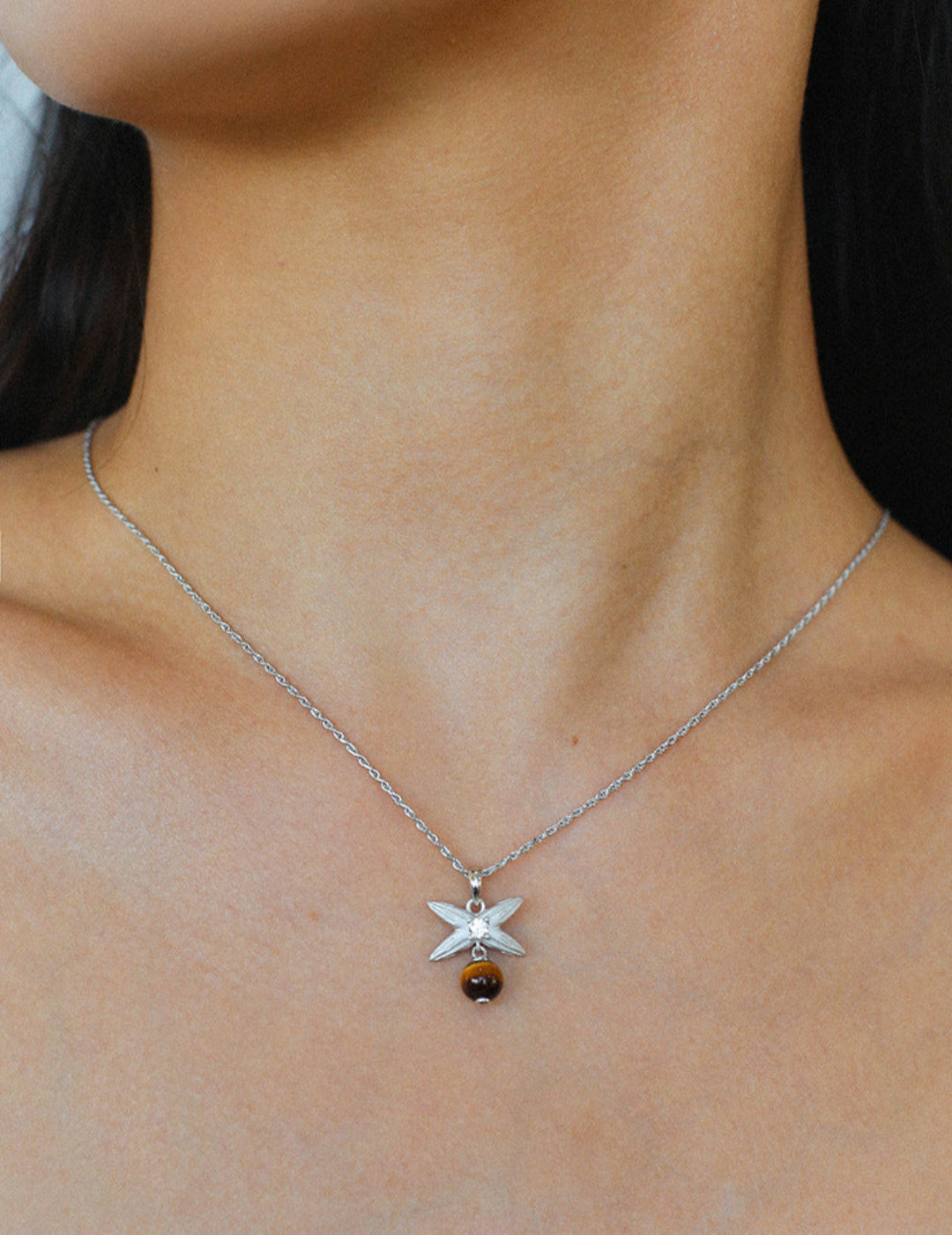 Silver Chain Tiger's Eye Pendant Necklace-Gembea Jewelry