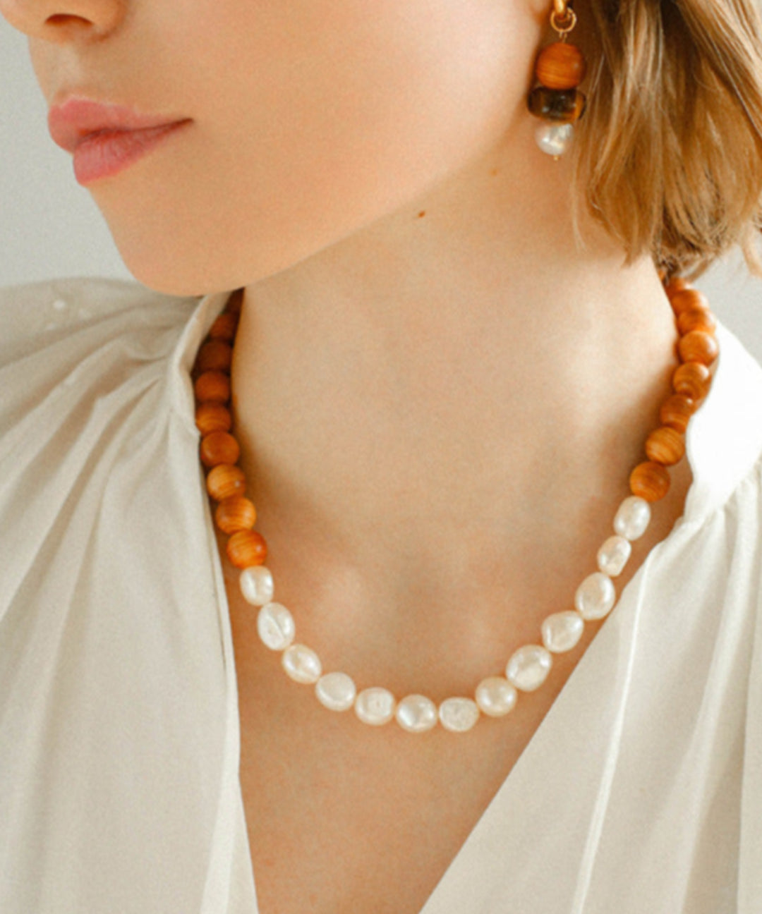 Wood Grain Bead Baroque Pearl Necklace-Gembea Jewelry