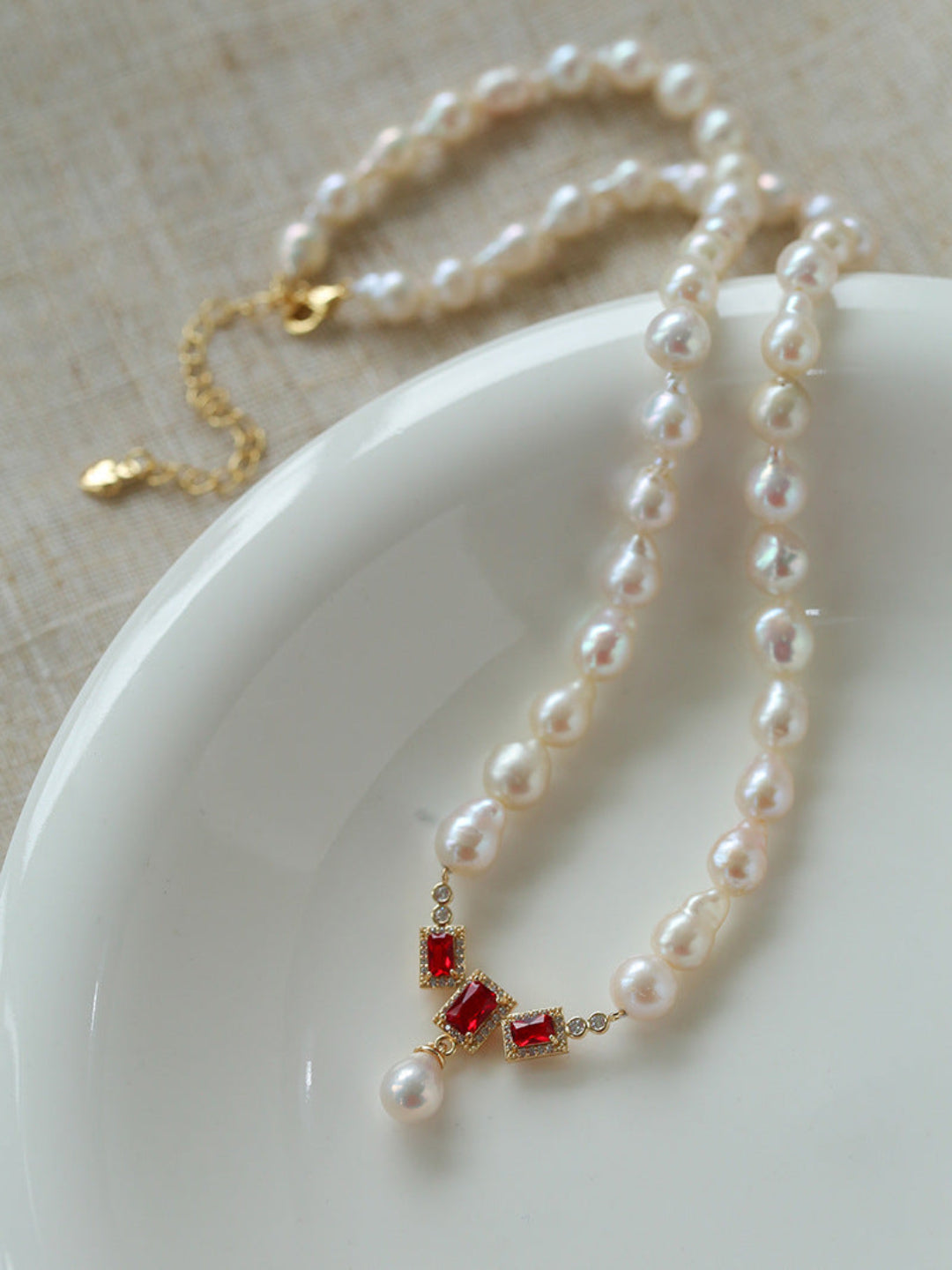 Ruby Zircon Drop Pearl Beaded Necklace