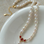 Ruby Zircon Drop Pearl Beaded Necklace