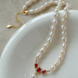 Ruby Zircon Drop Pearl Beaded Necklace