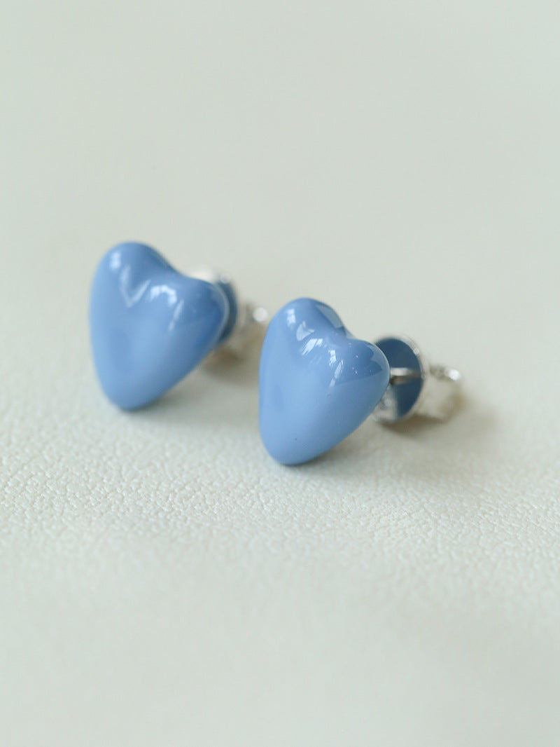 Blue Enamel Heart-shaped Stud Earrings