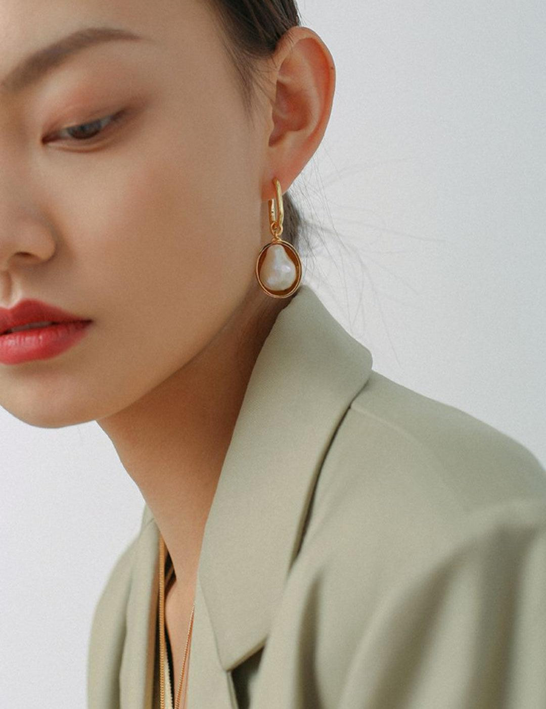 Oval Pendant Baroque Shaped Pearl Earrings - Gembea Jewelry