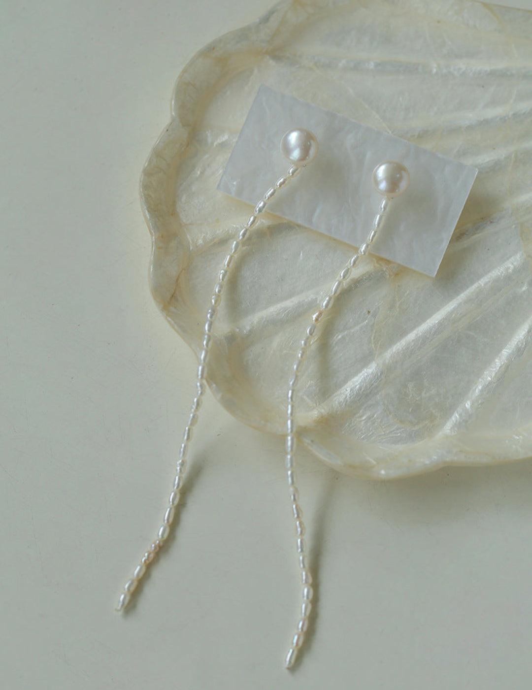 Long Rice Pearl Drop Earrings - Gembea Jewelry