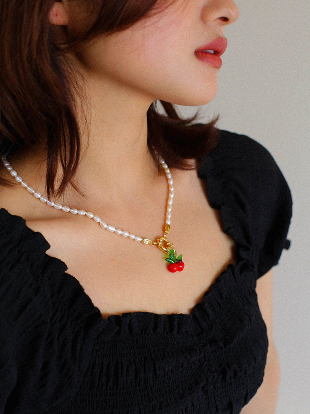 Glazed Cherry Pendant Pearl Necklace