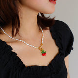 Glazed Cherry Pendant Pearl Necklace