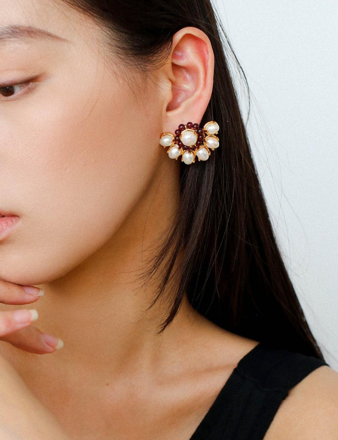 Natural Freshwater Pearl Garnet Stone Earrings - Gembea Jewelry