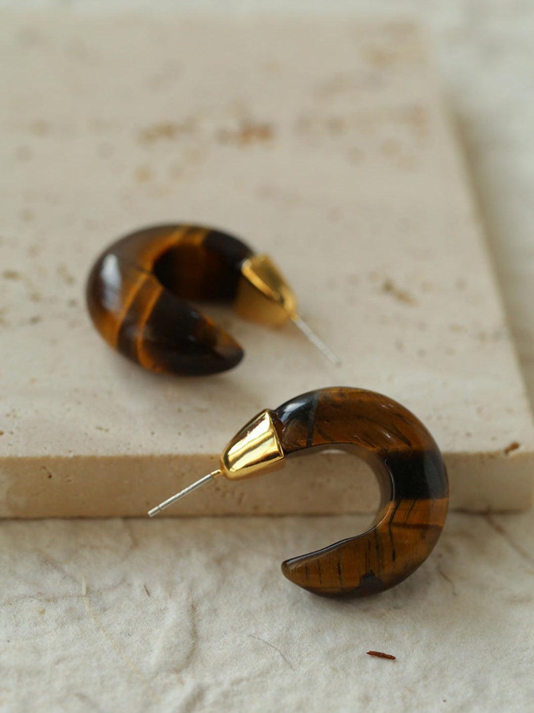 Black Agate Tiger Eye Stone Moon Bud Earrings - Gembea Jewelry