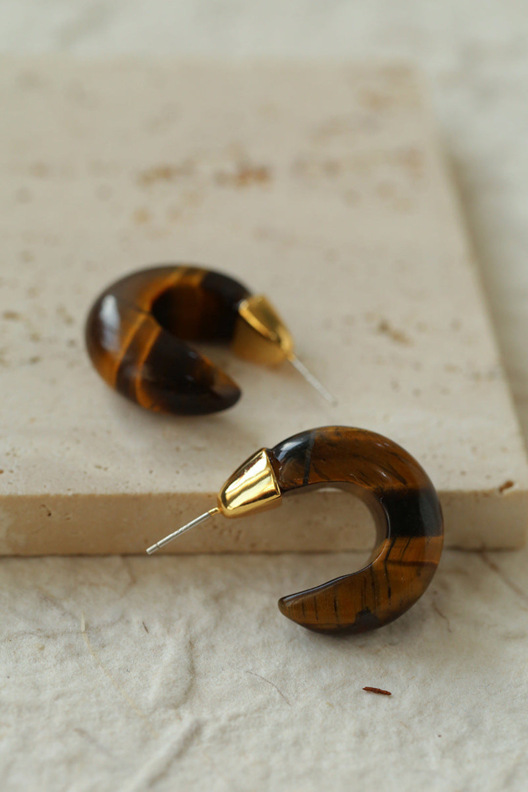 Black Agate Tiger Eye Stone Moon Bud Earrings