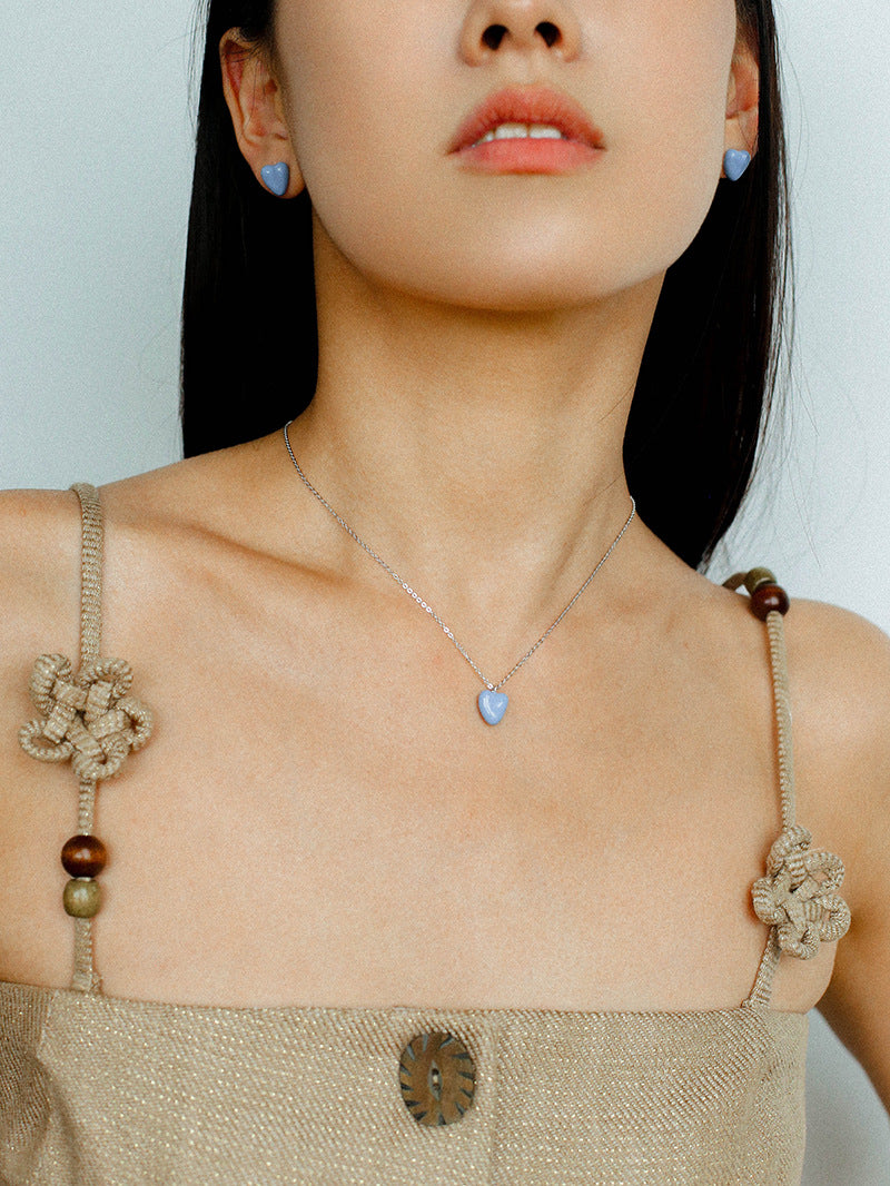 Blue Enamel Heart-shaped Necklace-Gembea Jewelry