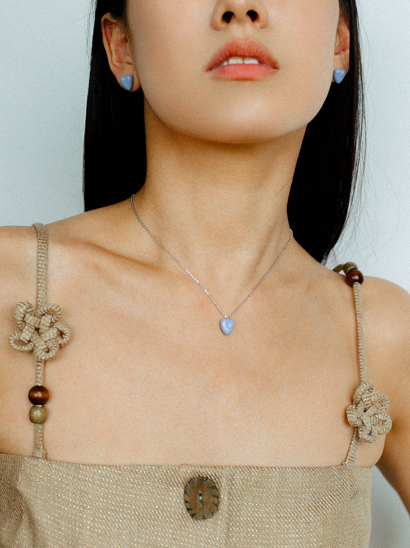 Blue Enamel Heart-shaped Necklace-Gembea Jewelry