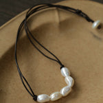 Short Handmade Leather Rope Natural Pearl Necklace