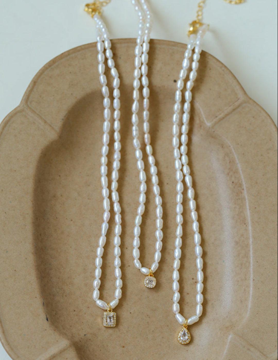 Zircon Pendant Pearl Beaded Necklace - Gembea Jewelry