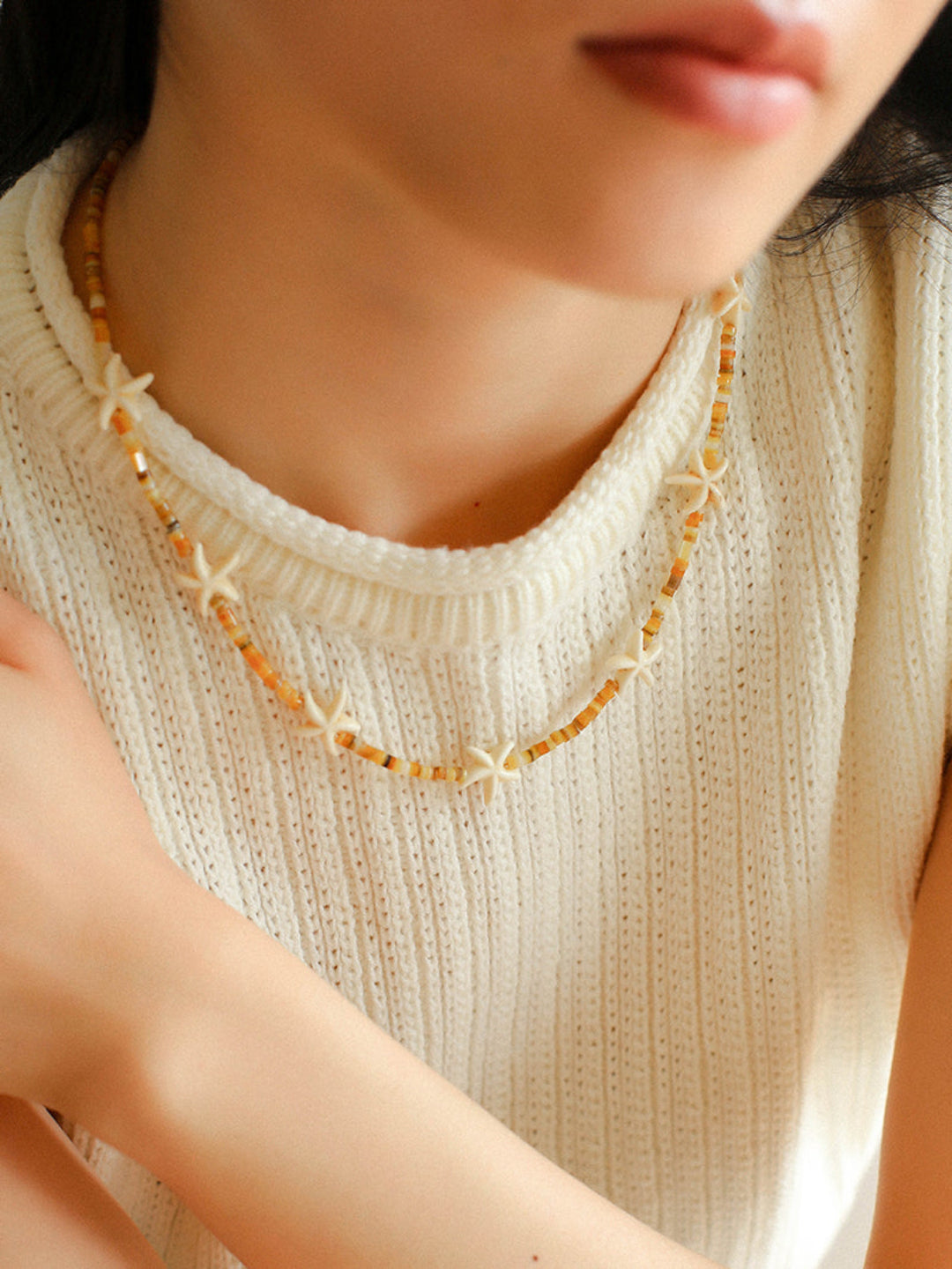 Holiday Yellow Pearl Shell Starfish Beaded Necklace