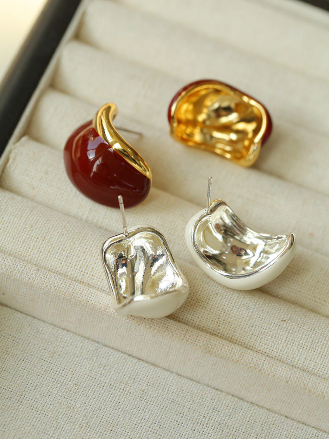 Cream White Wine Red Enamel Earrings