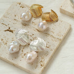 Spiral Striped Metal Baroque Pearl Drop Earrings