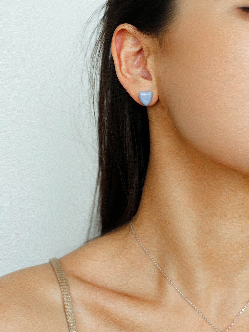 Blue Enamel Heart-shaped Stud Earrings-Gembea Jewelry