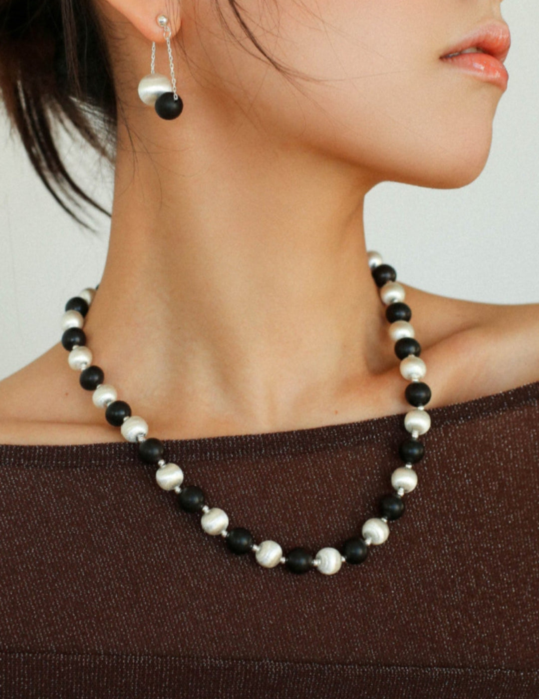 Ebony and Silver Ball Brushed Beaded Necklace