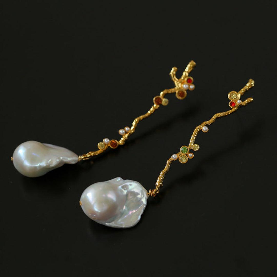 Long Tree Branch with Diamond Baroque Drop Earrings - Gembea Jewelry