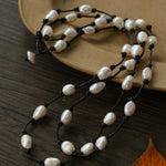 Long Handmade Leather Rope Natural Pearl Necklace