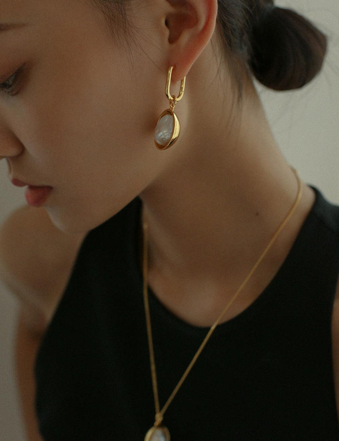 Oval Pendant Baroque Shaped Pearl Earrings - Gembea Jewelry