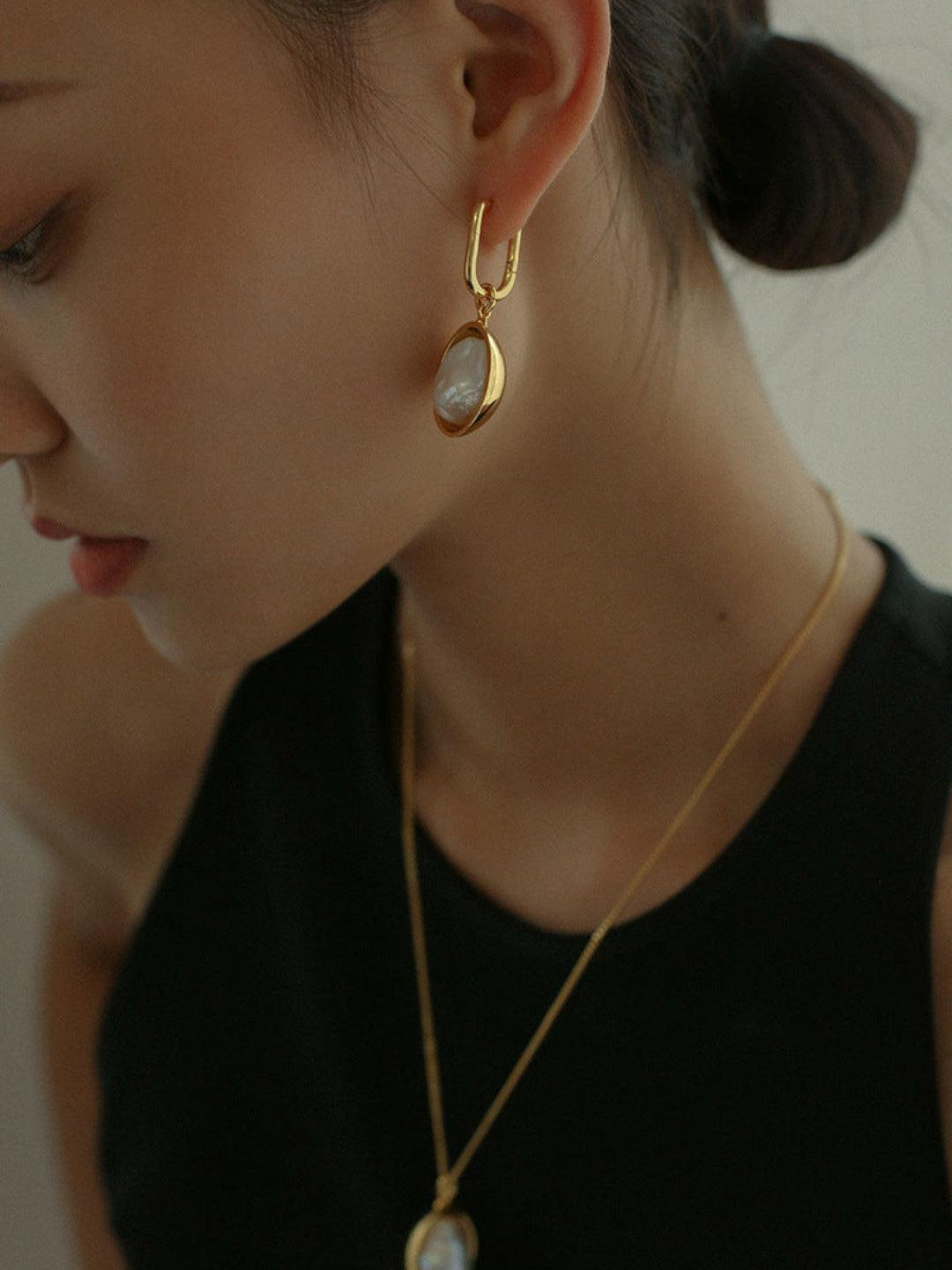 Oval Pendant Baroque Shaped Pearl Earrings - Gembea Jewelry