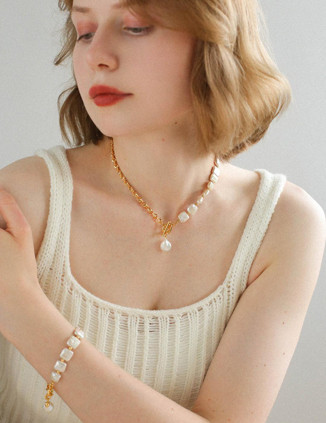 Natural Freshwater Square Pearl Chain Necklace - Gembea Jewelry