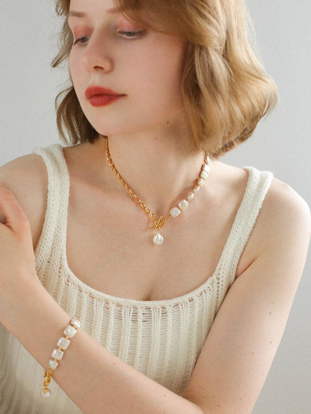Natural Freshwater Square Pearl Chain Necklace - Gembea Jewelry