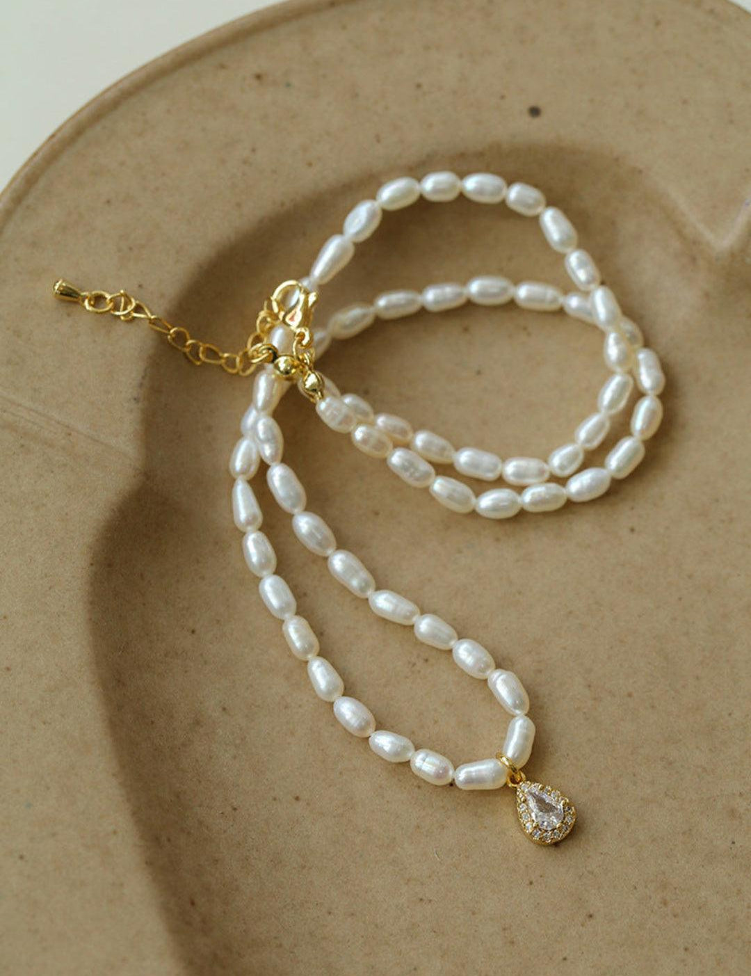 Zircon Pendant Pearl Beaded Necklace - Gembea Jewelry