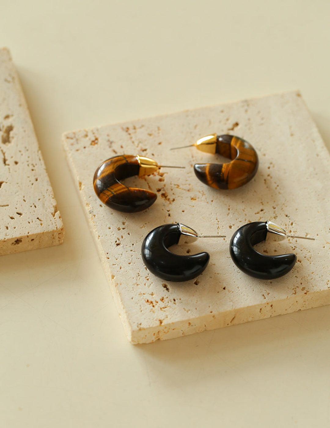 Black Agate Tiger Eye Stone Moon Bud Earrings - Gembea Jewelry