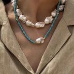 Blue Colored Stone Baroque Pearl Necklace