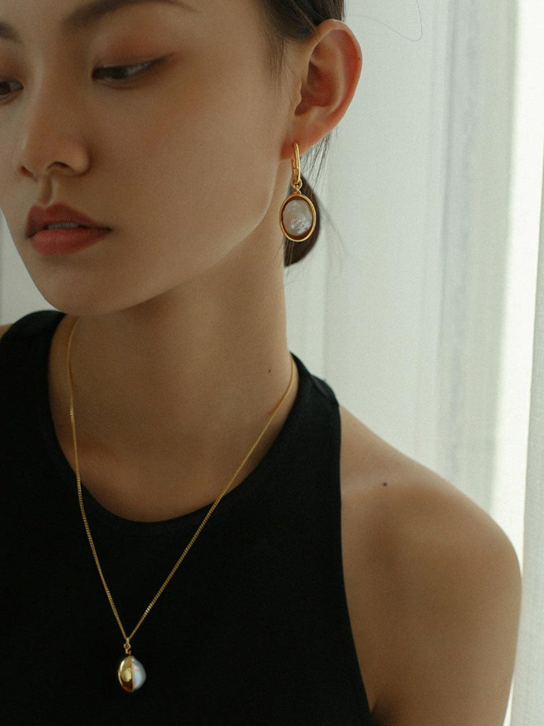 Oval Pendant Baroque Shaped Pearl Earrings - Gembea Jewelry