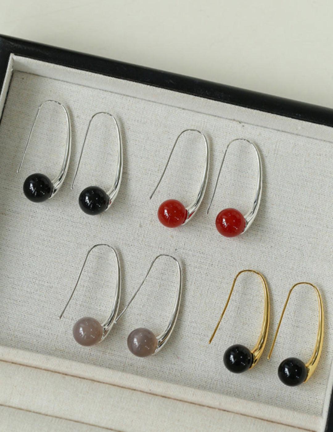 Hand-made Gray Red Black Agate Stone Ear Hooks Earrings - Gembea Jewelry