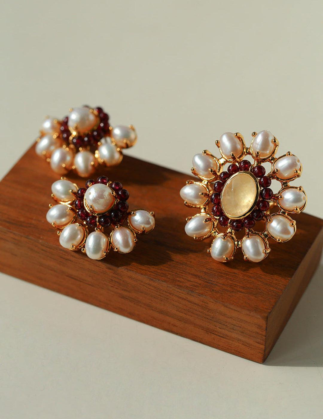 Natural Freshwater Pearl Garnet Stone Open Ring - Gembea Jewelry